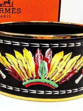 Vintage Hermès Enamel Feather Motif Wide Bangle Bracelet Austria GS787